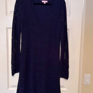 Lilly Pulitzer Blue Knit Midi Dress with Pom Hem.  Size M